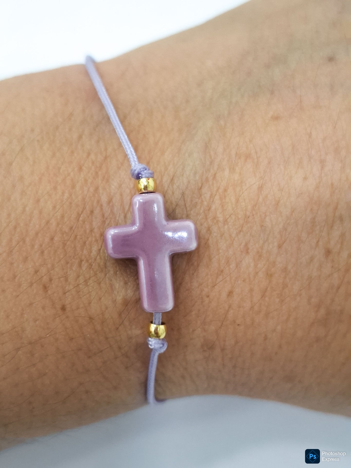 Pulsera hilo CRUZ cerámica y acero