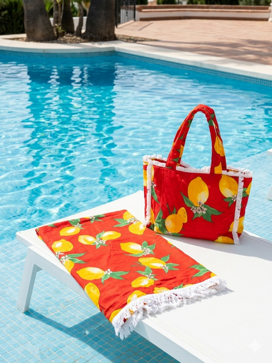 Conjunto Bolso y toalla pareo LIMONES ROJA