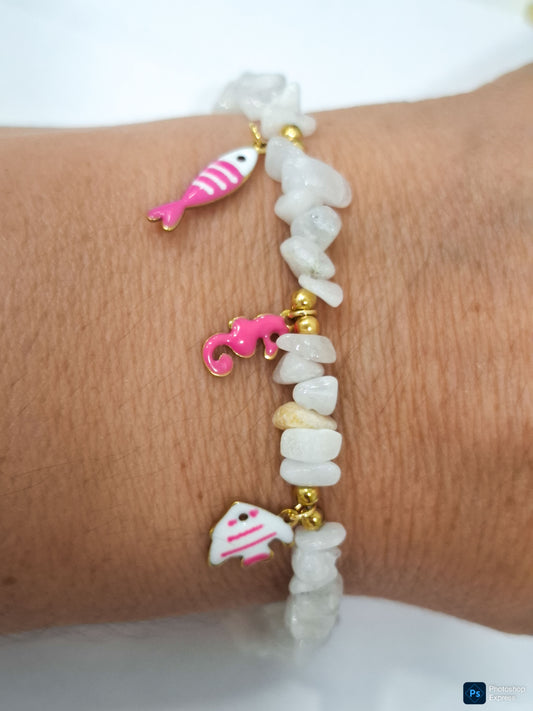 Pulsera piedras CUARZO BLANCO y acero