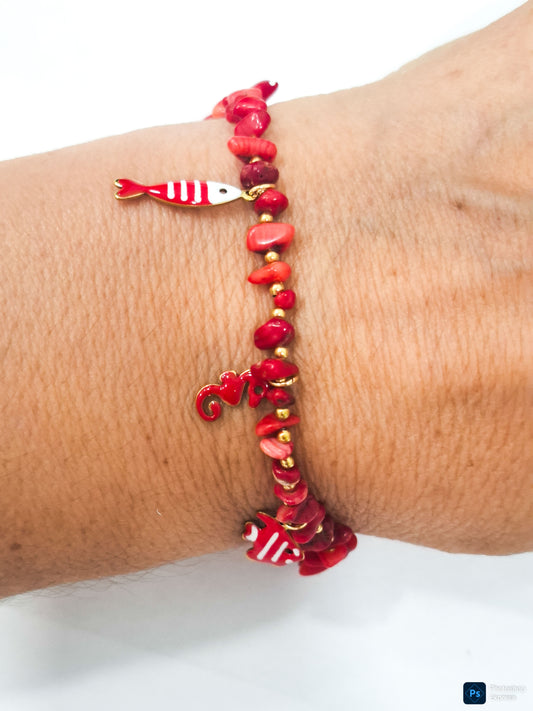 Pulsera piedras CORAL y acero