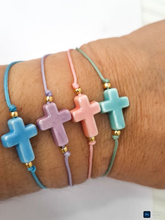 Pulsera hilo CRUZ cerámica y acero