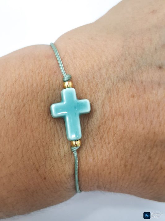 Pulsera hilo CRUZ cerámica y acero