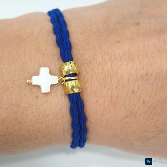Pulsera goma rizada cruz NÁCAR